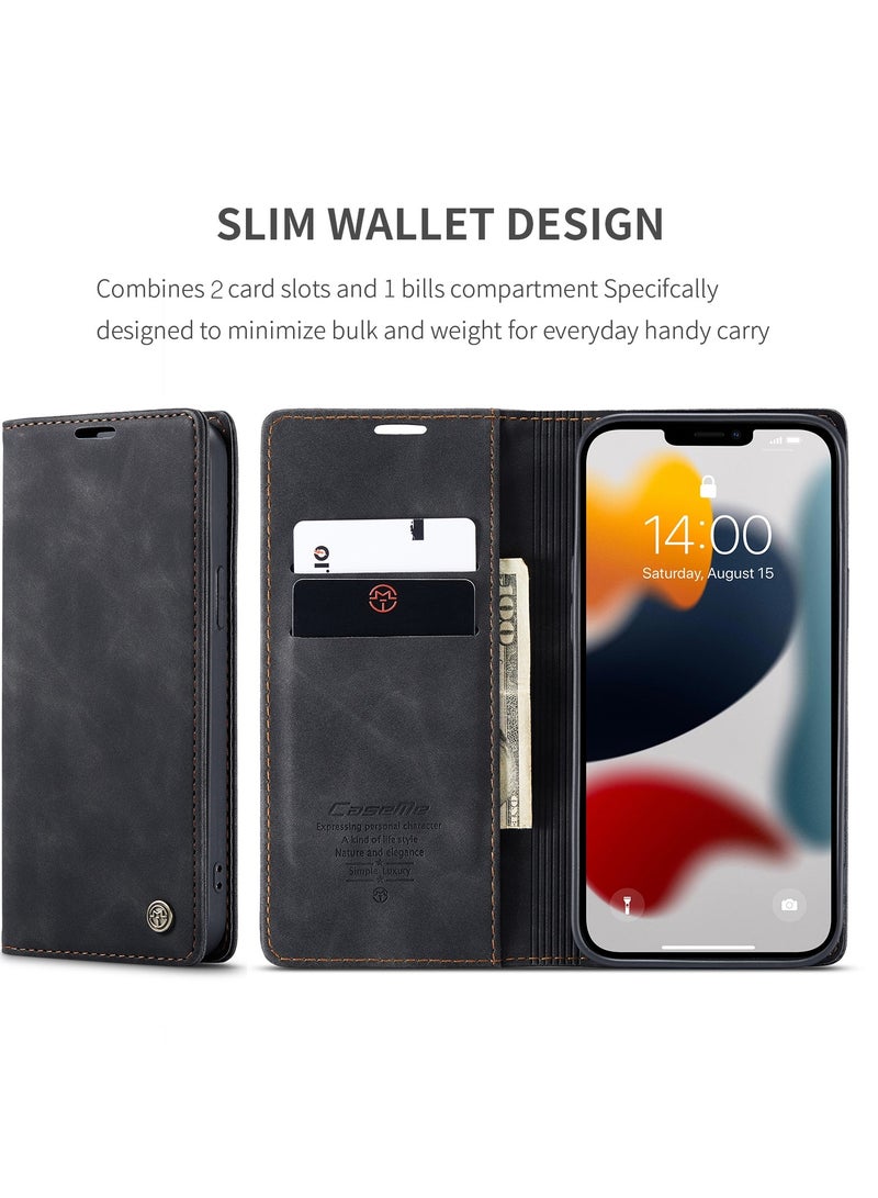 CaseMe Phone Case Luxury PU Leather Design 013 Flip Cover Card Slot Holder Cover For IPhone 13 Pro Max (Black)  - Image 2