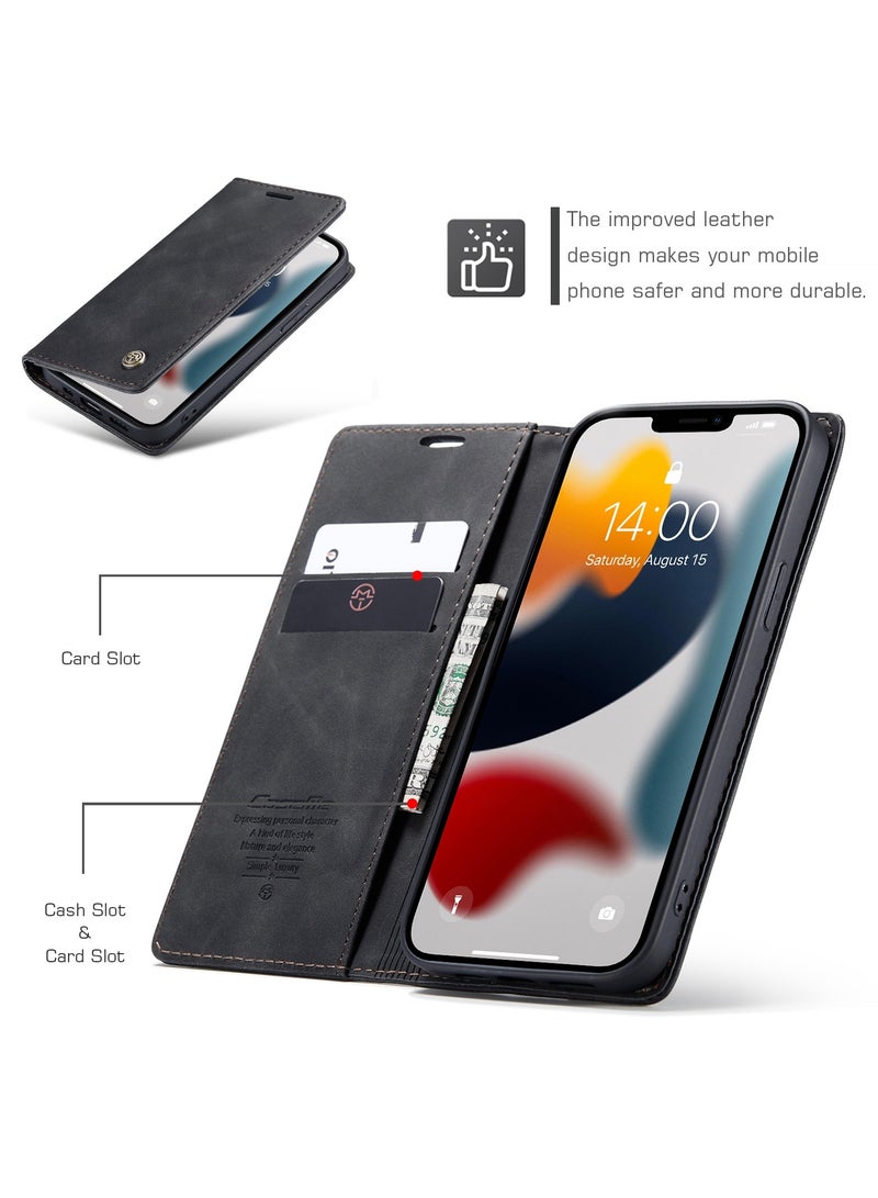 CaseMe Phone Case Luxury PU Leather Design 013 Flip Cover Card Slot Holder Cover For IPhone 13 Pro Max (Black)  - Image 3
