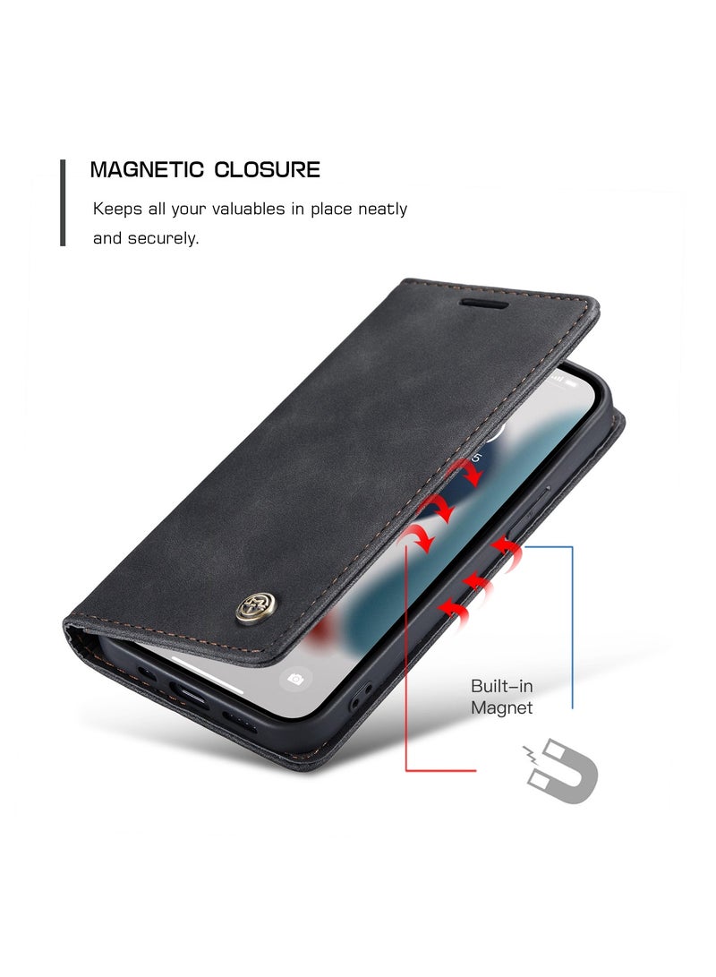 CaseMe Phone Case Luxury PU Leather Design 013 Flip Cover Card Slot Holder Cover For IPhone 13 Pro Max (Black)  - Image 4