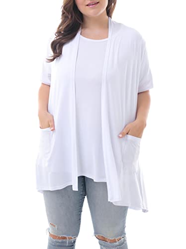 ZERDOCEAN Women's Plus Size Short Sleeve Lightweight Soft Printed Drape Cardigan with Pockets White 2X - Image 1
