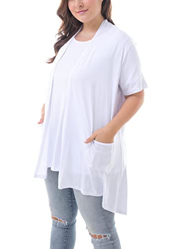 ZERDOCEAN Women's Plus Size Short Sleeve Lightweight Soft Printed Drape Cardigan with Pockets White 2X - Image 4