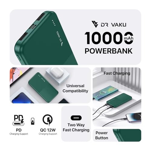 DR VAKU 10000mAh Power Bank Type-C + Micro USB (Input & Output) Lithium Polymer Battery Compatible with iPhone, Samsung, OnePlus & All Smartphones - Green - Image 3