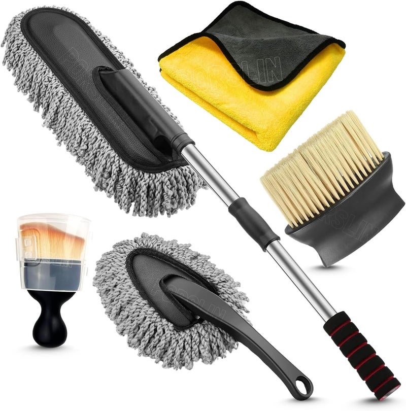 Porslin 5 Pcs Microfiber Car Duster Kit - Extendable Long Handle Car Cleaning Accessories - Interior & Exterior Detailing Brush Set - Scratch & Lint Free,Perfect for Cars,SUVs,Motorcycles,Home,Grey - Image 1