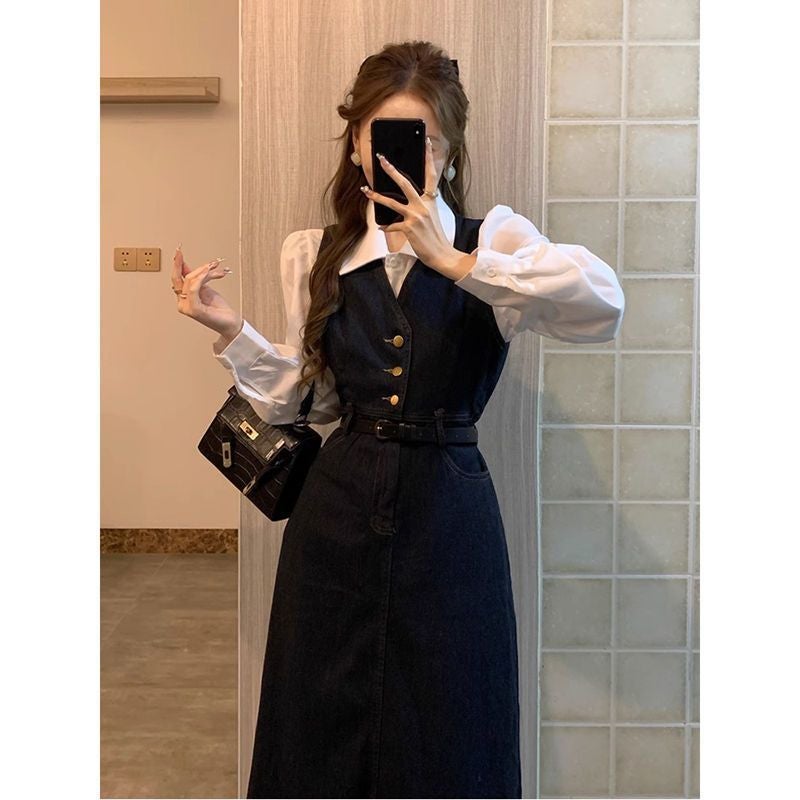 Long Denim Skirt Set Retro Slim Waist Autumn [Two-piece set] square collar shirt + Denim vest skirt
