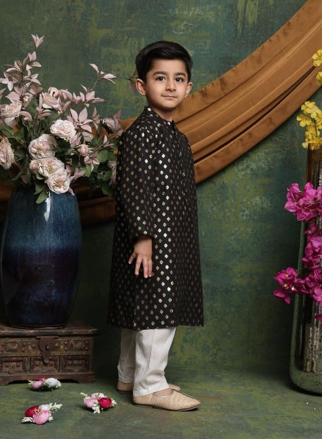 Saka Designs Boys Kurta with Gold Print and White Pajama Set | Black - 2-3years - Image 3