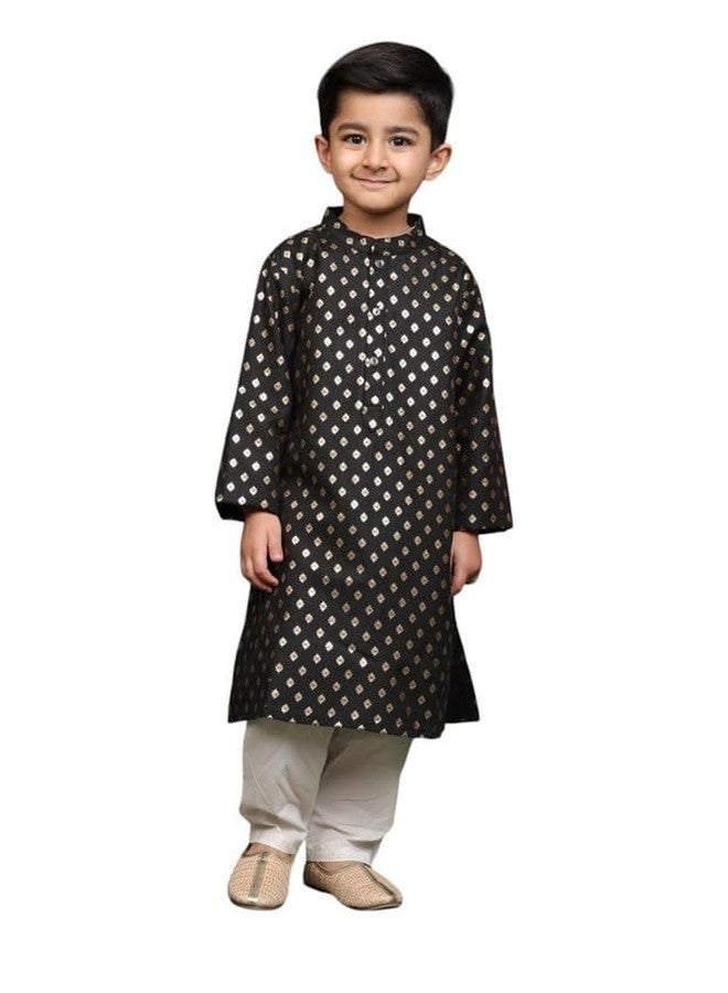 Saka Designs Boys Kurta with Gold Print and White Pajama Set | Black - 2-3years - Image 1