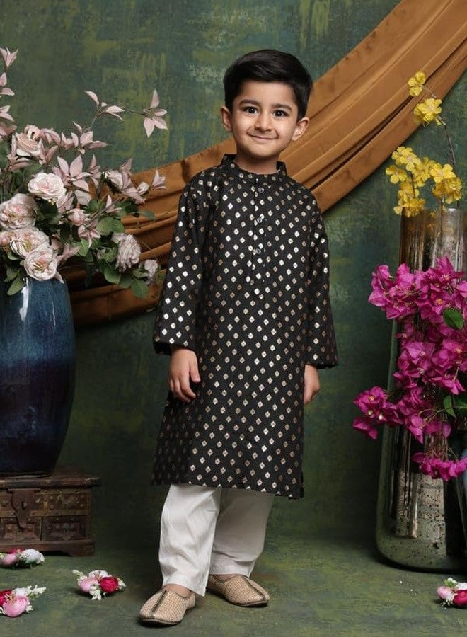 Saka Designs Boys Kurta with Gold Print and White Pajama Set | Black - 2-3years - Image 4