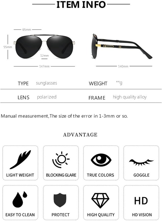 NALANDA NALANDA Men's Fashion Polarized Aviator Sunglasses With UV400 HD Lens Metal Frame, Double Bridges Glasses For Outdoor Travel Driving Daily Use Etc, 100% UV Blocking- 145mm - Image 3