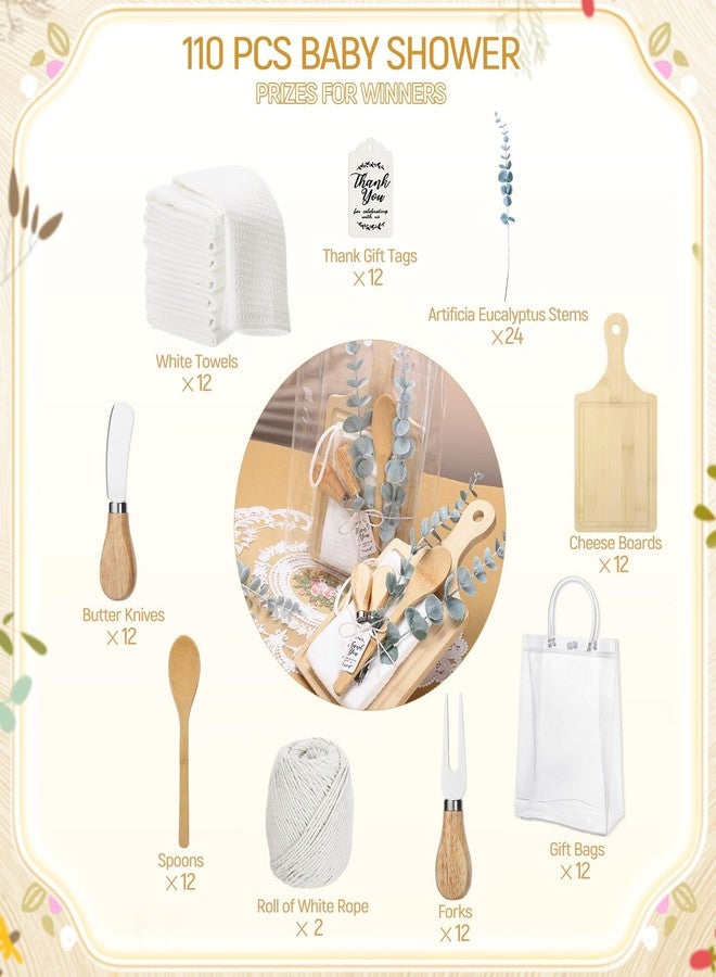 woric 110PCS Baby Shower Prizes for Game Winners 12 Sets Baby Shower Gifts Bamboo Cheese Board Spoon Towel Artificial Eucalyptus Stems Thank You Card Gift Bag for Baby Bridal Shower Wedding Favors - Image 3