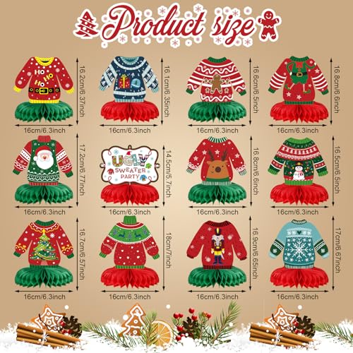 Aoriher 12 Pieces Ugly Sweater Table Decor Christmas Ugly Sweater Honeycomb Centerpieces Xmas Ugly Sweater Party Decorations 3D Table Toppers for Christmas Winter Ugly Sweater Party Supplies - Image 5
