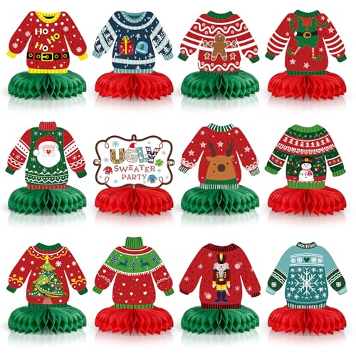 Aoriher 12 Pieces Ugly Sweater Table Decor Christmas Ugly Sweater Honeycomb Centerpieces Xmas Ugly Sweater Party Decorations 3D Table Toppers for Christmas Winter Ugly Sweater Party Supplies - Image 1