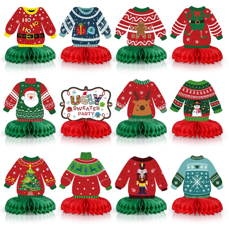 Aoriher 12 Pieces Ugly Sweater Table Decor Christmas Ugly Sweater Honeycomb Centerpieces Xmas Ugly Sweater Party Decorations 3D Table Toppers for Christmas Winter Ugly Sweater Party Supplies - Image 3
