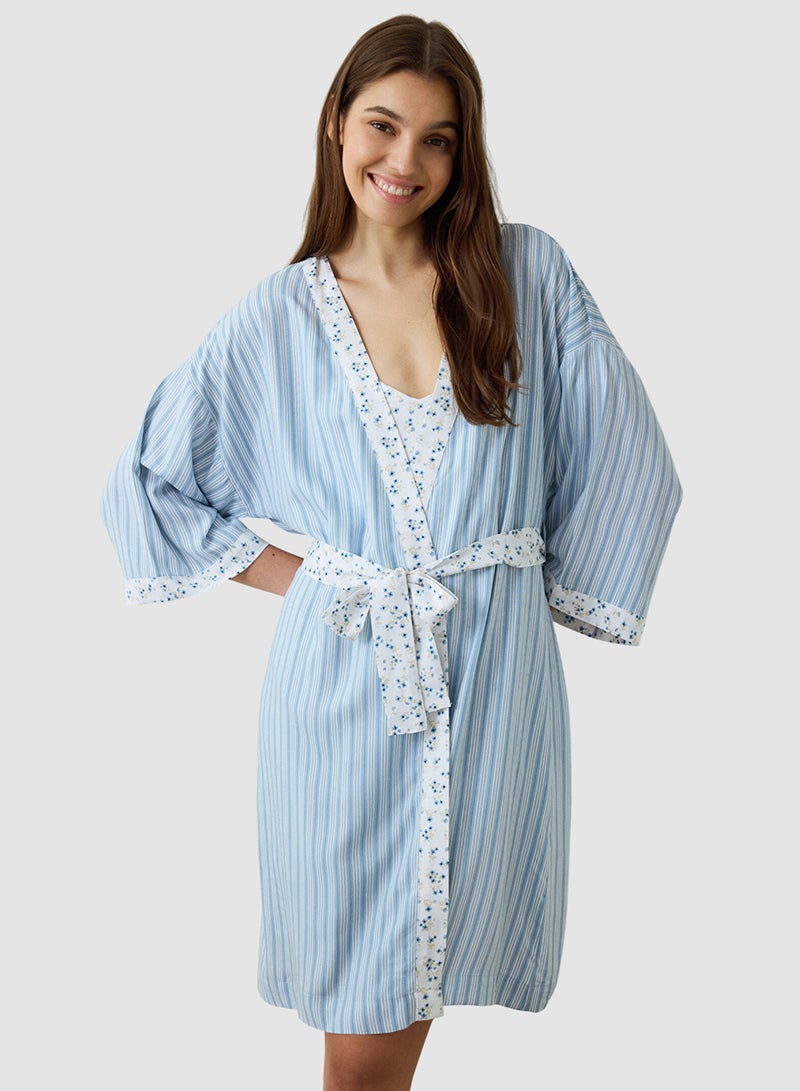 Penti Light Blue Lilah Striped Short Sleeve Dress With Tie Detail - Image 3