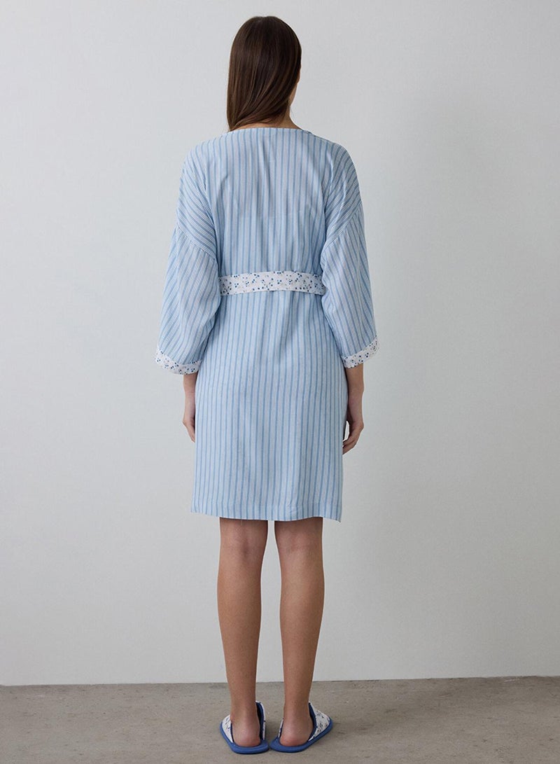 Penti Light Blue Lilah Striped Short Sleeve Dress With Tie Detail Robe - Image 5