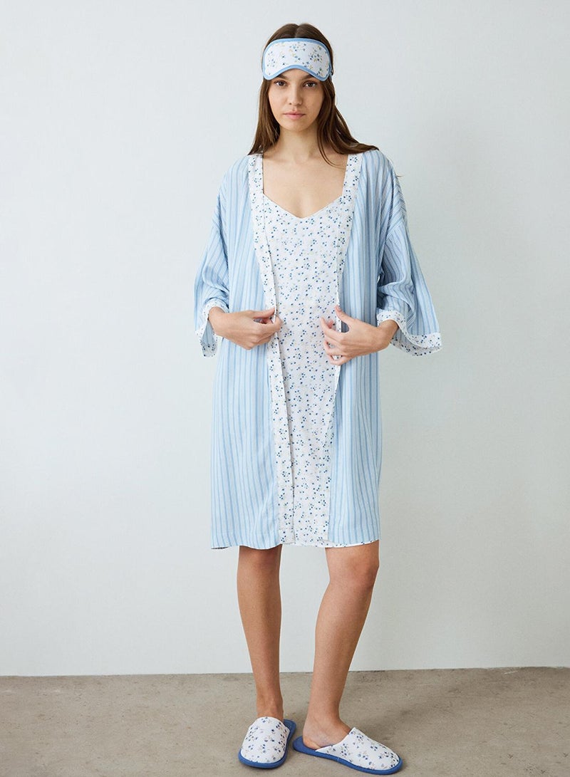 Penti Light Blue Lilah Striped Short Sleeve Dress With Tie Detail Robe - Image 1