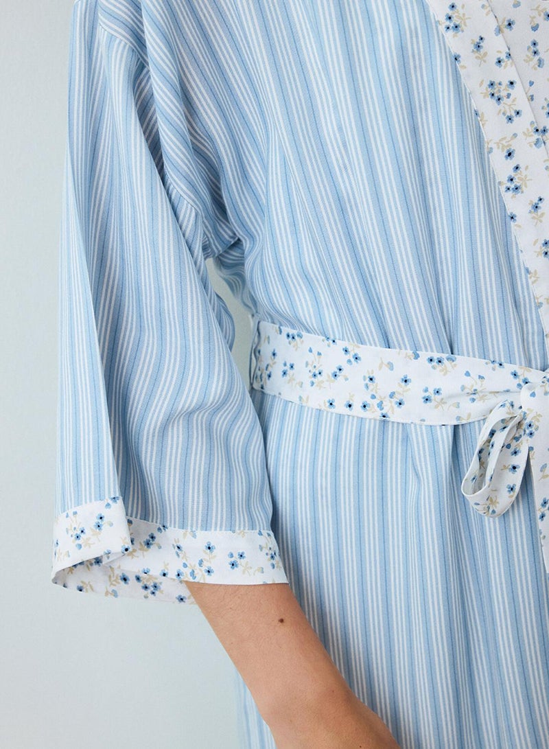 Penti Light Blue Lilah Striped Short Sleeve Dress With Tie Detail Robe - Image 3