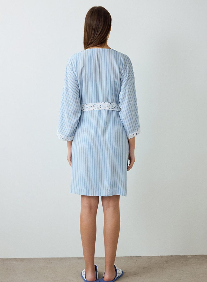 Penti Light Blue Lilah Striped Short Sleeve Dress With Tie Detail Robe - Image 4