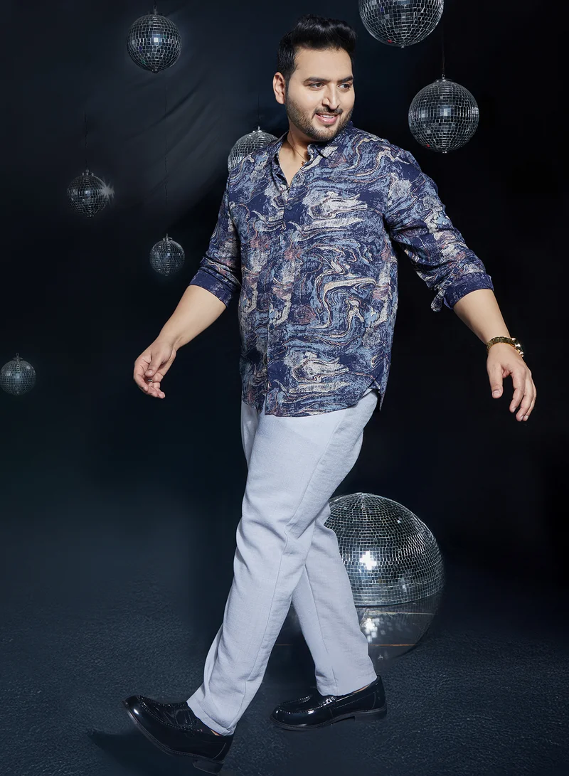 Instafab Plus Instafab Plus Men's Indigo Blue Futuristic-Fluid Shirt For Casual Wear | Spread Collar | Long Cuffed Sleeves | Button Closure | Plus Size Shirt Crafted With Comfort Fit For Everyday Wear