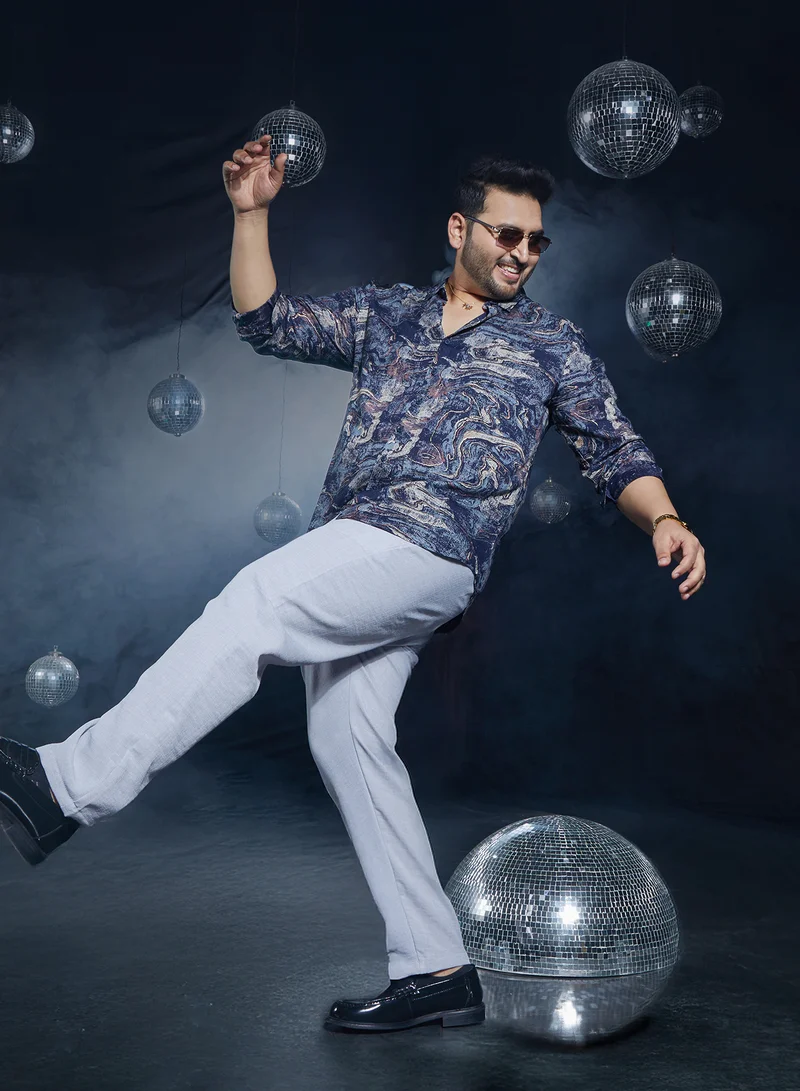 Instafab Plus Instafab Plus Men's Indigo Blue Futuristic-Fluid Shirt For Casual Wear | Spread Collar | Long Cuffed Sleeves | Button Closure | Plus Size Shirt Crafted With Comfort Fit For Everyday Wear