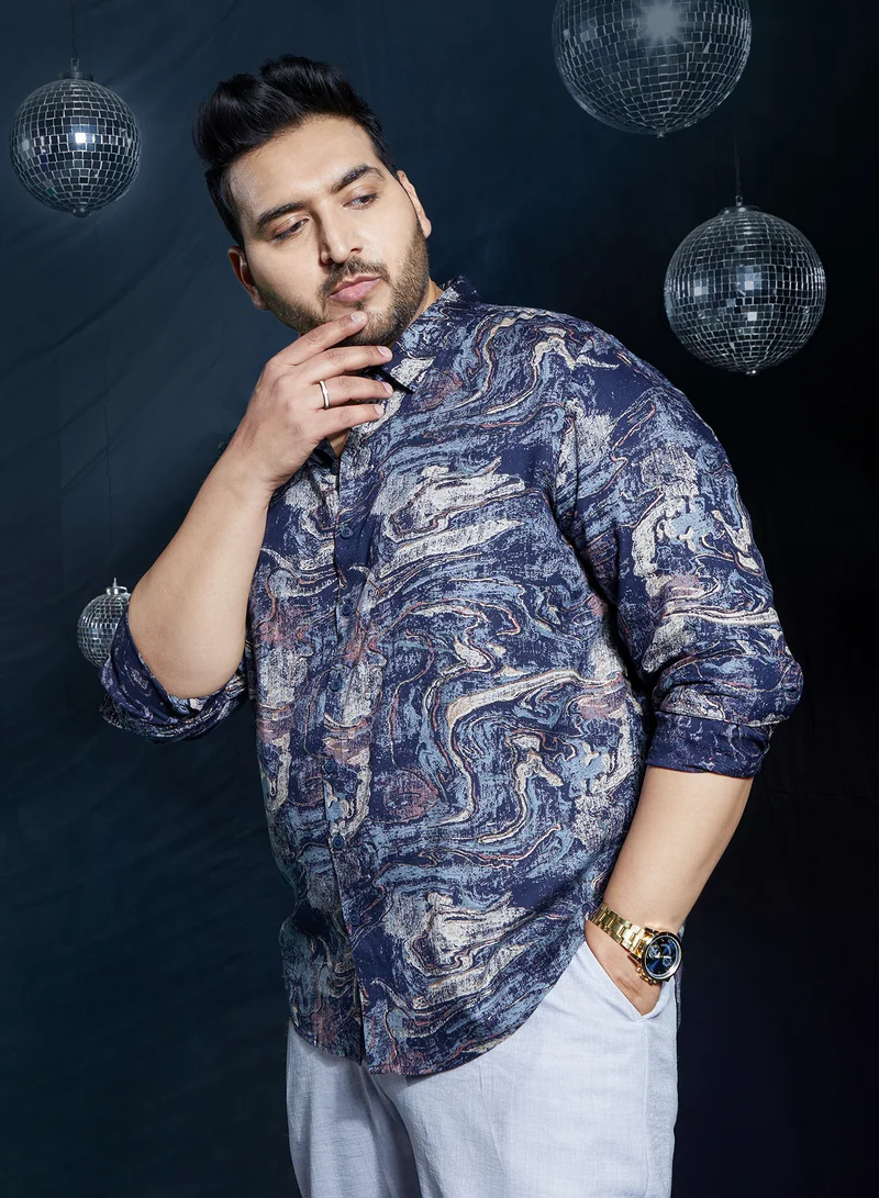 Instafab Plus Instafab Plus Men's Indigo Blue Futuristic-Fluid Shirt For Casual Wear | Spread Collar | Long Cuffed Sleeves | Button Closure | Plus Size Shirt Crafted With Comfort Fit For Everyday Wear