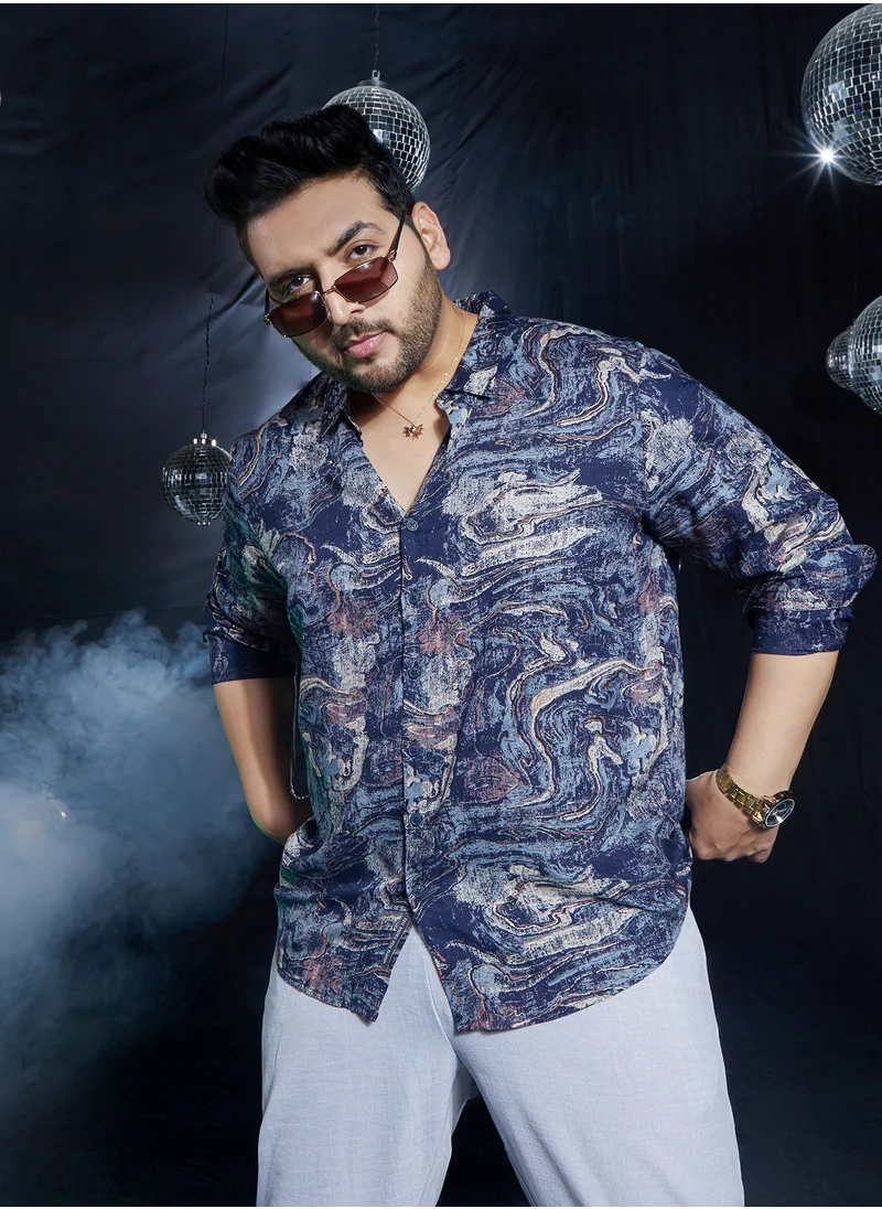 Instafab Plus Instafab Plus Men's Indigo Blue Futuristic-Fluid Shirt For Casual Wear | Spread Collar | Long Cuffed Sleeves | Button Closure | Plus Size Shirt Crafted With Comfort Fit For Everyday Wear