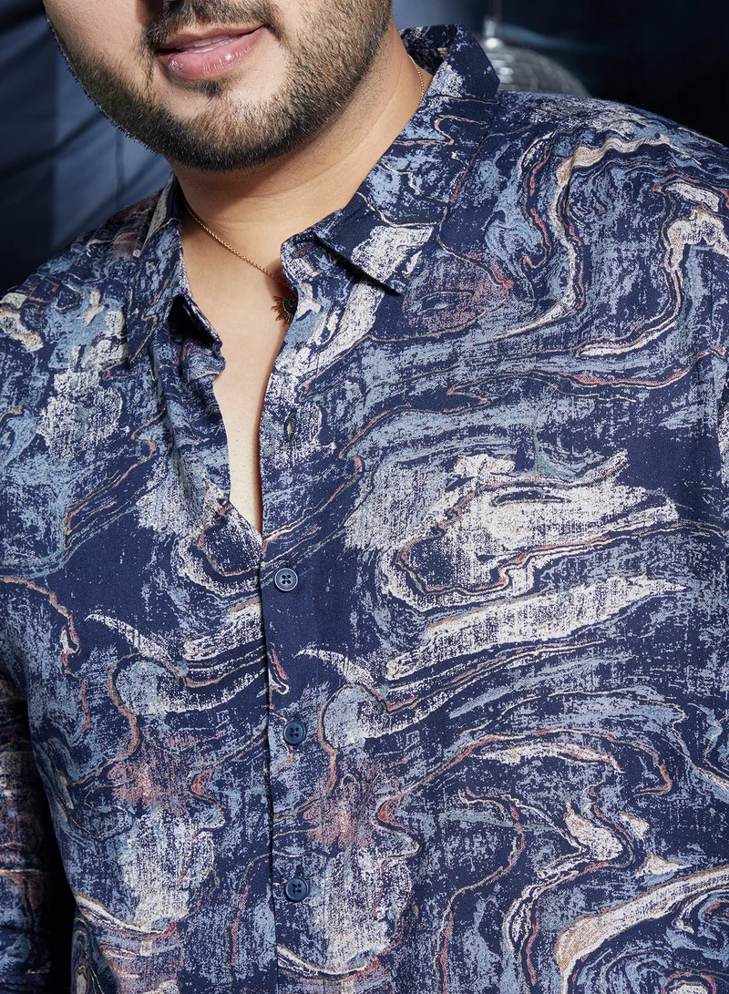 Instafab Plus Instafab Plus Men's Indigo Blue Futuristic-Fluid Shirt For Casual Wear | Spread Collar | Long Cuffed Sleeves | Button Closure | Plus Size Shirt Crafted With Comfort Fit For Everyday Wear