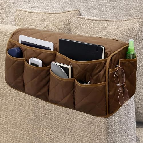 MEHIDFY Armchair Caddy Waterproof Sofa Armrest Organizer Non Slip Recliner Organizer Remote Holder for Recline Recliner Caddy with 14 Pockets Storage for TV Remote Phone Magazine Brown - Image 1