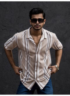 Maniac Mens Striped Collar Neck 3/4th Sleeve Beige Cotton Oversized Shirt  - Image 1