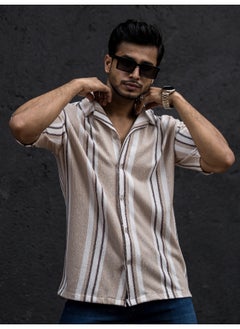 Maniac Mens Striped Collar Neck 3/4th Sleeve Beige Cotton Oversized Shirt  - Image 4