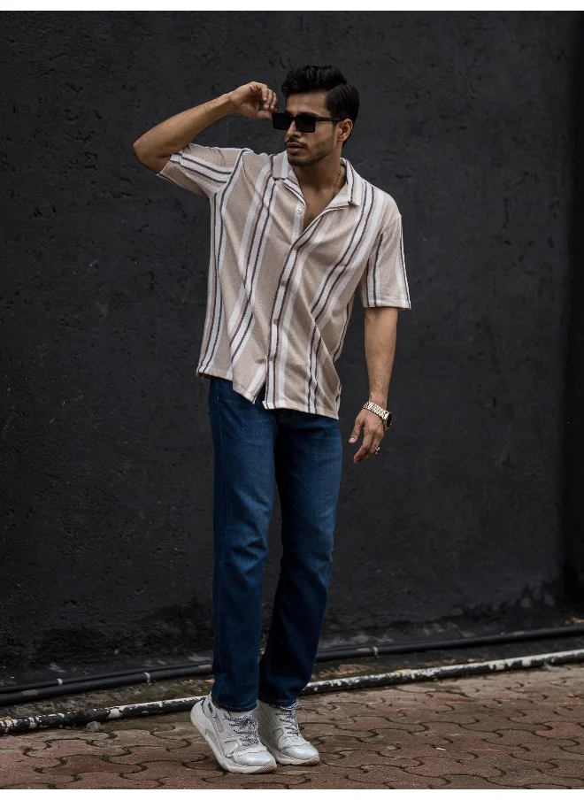 Maniac Mens Striped Collar Neck 3/4th Sleeve Beige Cotton Oversized Shirt