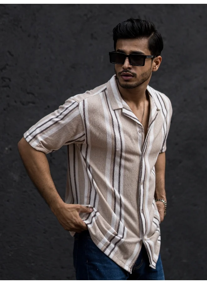 Maniac Mens Striped Collar Neck 3/4th Sleeve Beige Cotton Oversized Shirt
