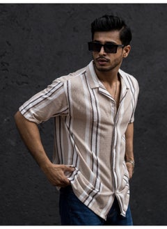 Maniac Mens Striped Collar Neck 3/4th Sleeve Beige Cotton Oversized Shirt  - Image 3