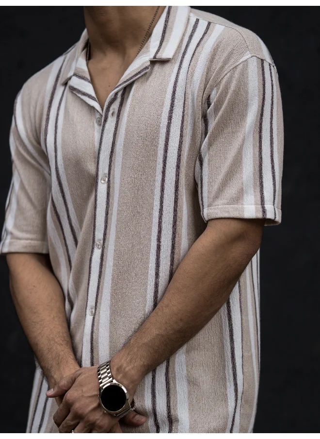Maniac Mens Striped Collar Neck 3/4th Sleeve Beige Cotton Oversized Shirt