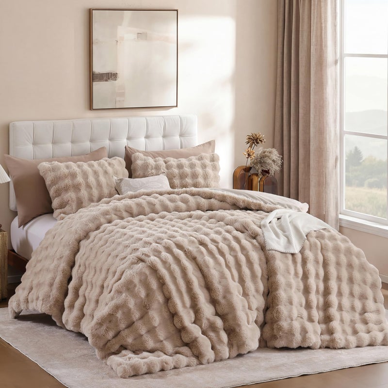 YIKUSH Linen Comforter Set Queen - Luxurious Faux Fur Comforter for Winter, Fluffy Comforter Queen Set with 2 Pillowcases, Soft Warm Linen Bedding Set - Image 4