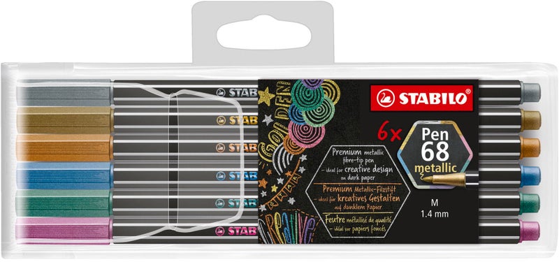 STABILO Premium Metallic Fiber-Tip Pen Pen 68 metallic - Pack of 6 - Coloring Felt Tip Marker, Fine Point, 1mm Tip - Image 1