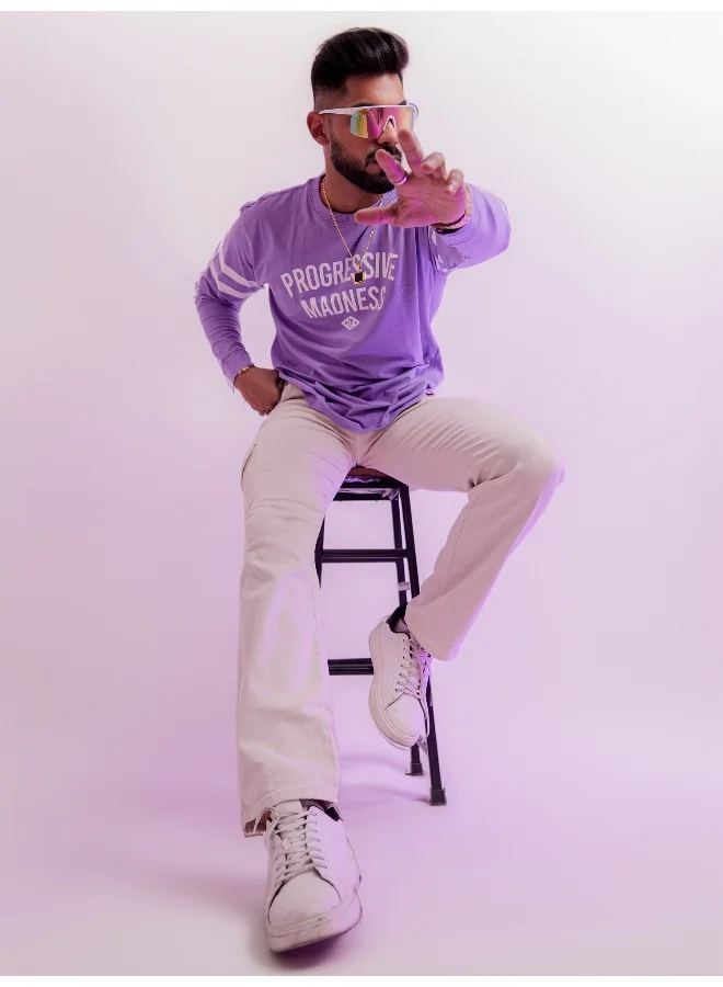Maniac Mens Printed Round Neck Full Sleeve Purple and White Cotton Oversized T-Shirt