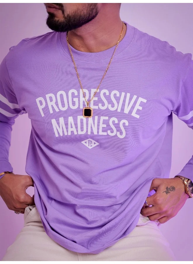 Maniac Mens Printed Round Neck Full Sleeve Purple and White Cotton Oversized T-Shirt