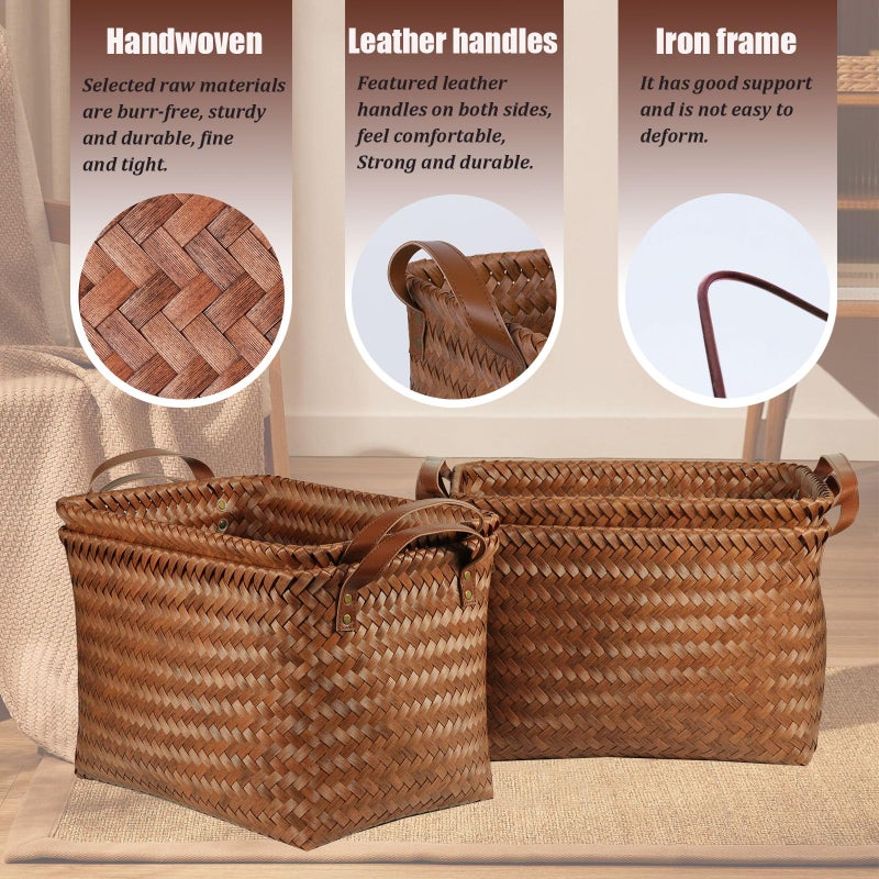 BROWNLILY Handwoven Clothes Basket Laundry Hampers Large Wicker Storage Baskets for Shelves Blankets Closet Storage Bins Car Bedroom Bathroom Organizers and Storage Bath (Pack of 4, Brown) - Image 2