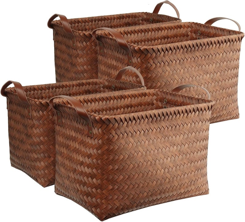 BROWNLILY Handwoven Clothes Basket Laundry Hampers Large Wicker Storage Baskets for Shelves Blankets Closet Storage Bins Car Bedroom Bathroom Organizers and Storage Bath (Pack of 4, Brown) - Image 1