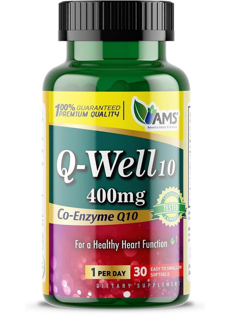 America Medic & Science Q-Well-10 CoQ10 400mg Softgels, 30 Pieces, with Vitamin E for Heart Health