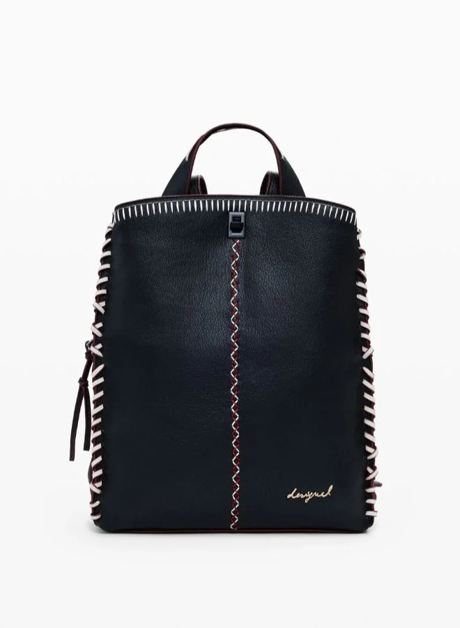 Large faux leather effect backpack with topstitching