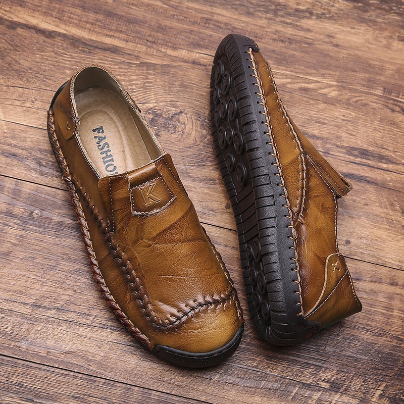 Large Size Men'S Business Leather Shoes, Slip-Ons, Breathable Beanie Shoes, Hand-Sewn Retro Casual Men'S Shoes - Image 1