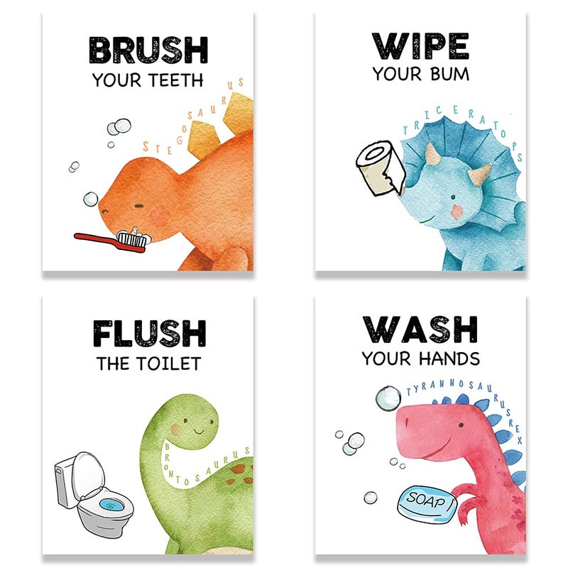 FALJIOK Funny Dinosaur Bathroom Decor Fun Gag Brush Flush Wipe Wash Wall Art Prints Decorations for Nursery Bathroom Dinosaur Posters for Son Daughter Set of 48 x 10 Unframed