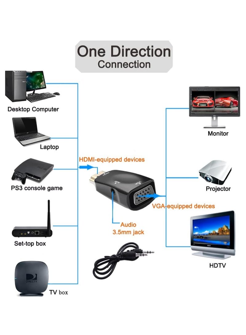 HDMI to VGA Converter with 3.5mm Audio Port for PC Monitor TV Video HD 1080P Male Input, Female Output, Black - Image 2