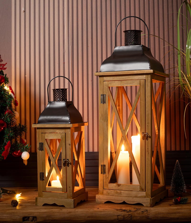 Venalys Farmhouse Wooden Metal Candle Lantern Set of 2 Rustic Large Decorative Floor Lanterns IndoorOutdoor Hurricane Lantern for Home Decor No Glass