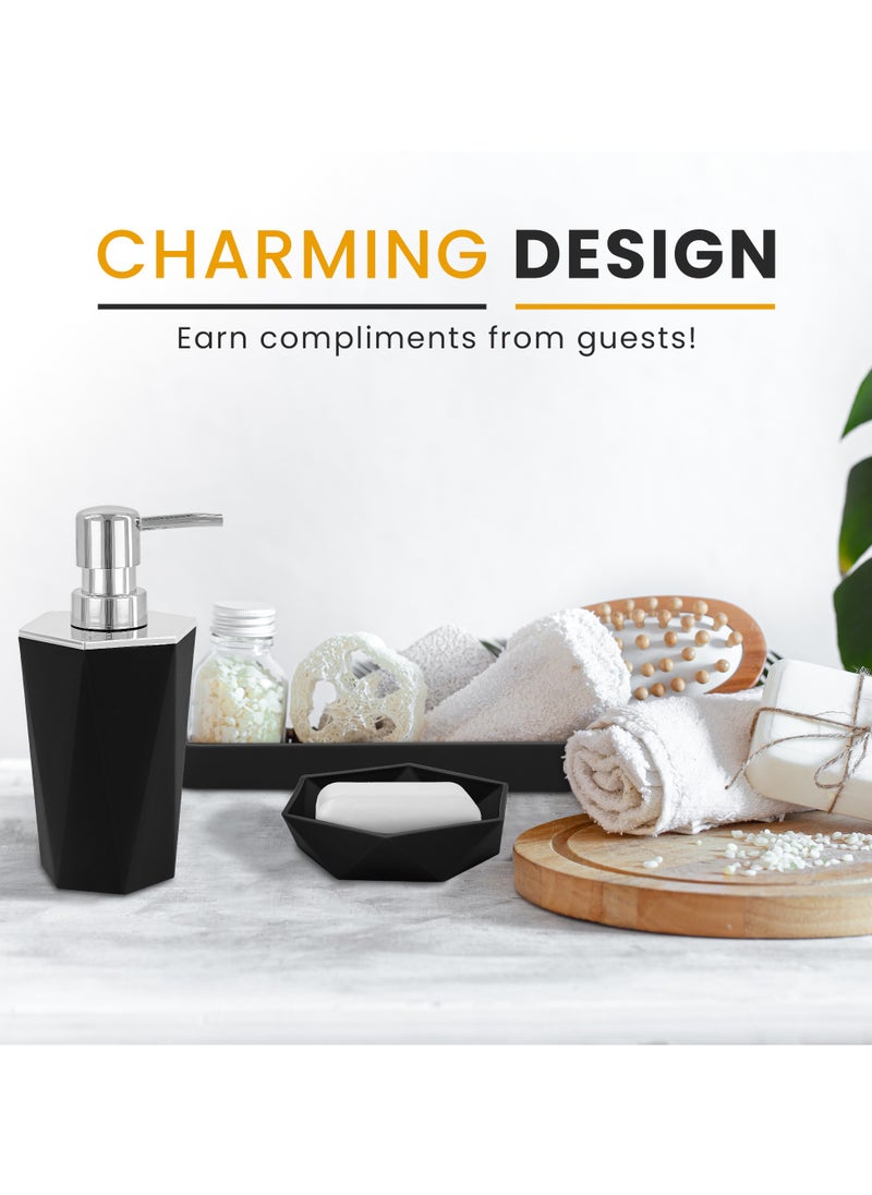AC&L AC&L Bathroom Accessories Set, 5 Pcs Plastic Bathroom Counter Vanity Set, Liquid Soap Dispenser, Toothbrush Holder, Soap Dish, Q tips Tumbler, Vanity Tray, Modern Bathroom Decor Organizer (Black)  - Image 2