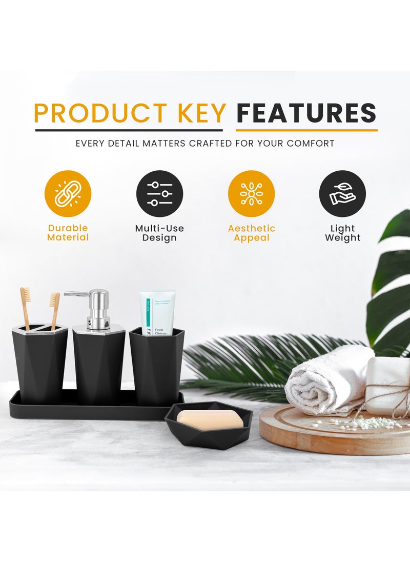 AC&L AC&L Bathroom Accessories Set, 5 Pcs Plastic Bathroom Counter Vanity Set, Liquid Soap Dispenser, Toothbrush Holder, Soap Dish, Q tips Tumbler, Vanity Tray, Modern Bathroom Decor Organizer (Black)  - Image 5