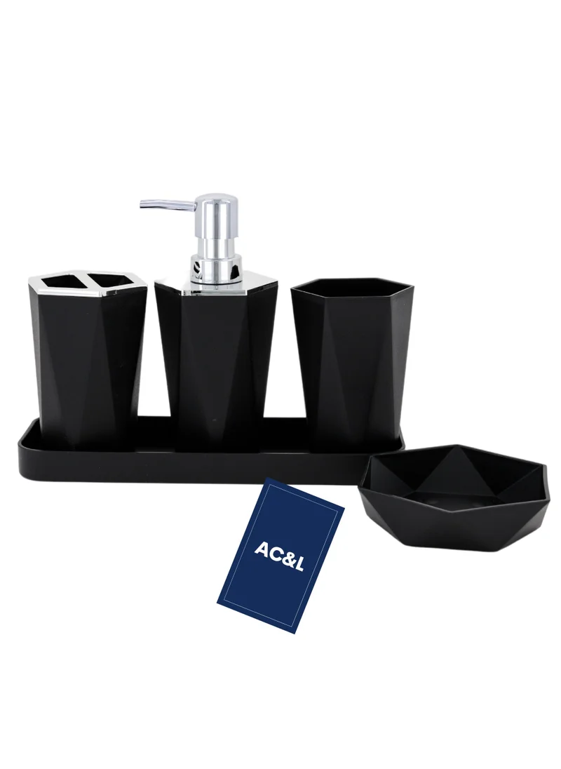 AC&L AC&L Bathroom Accessories Set, 5 Pcs Plastic Bathroom Counter Vanity Set, Liquid Soap Dispenser, Toothbrush Holder, Soap Dish, Q tips Tumbler, Vanity Tray, Modern Bathroom Decor Organizer (Black)