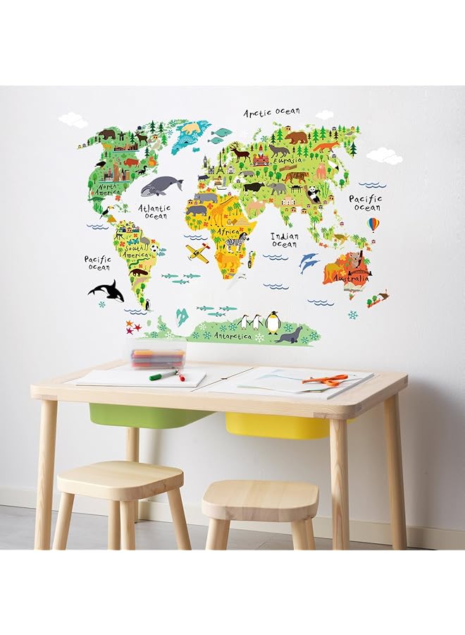 HALAMODO Large Kids Educational Animal Landmarks World Map Peel And Stick Wall Decals Stickers Home Decor Art For Nursery - Image 2
