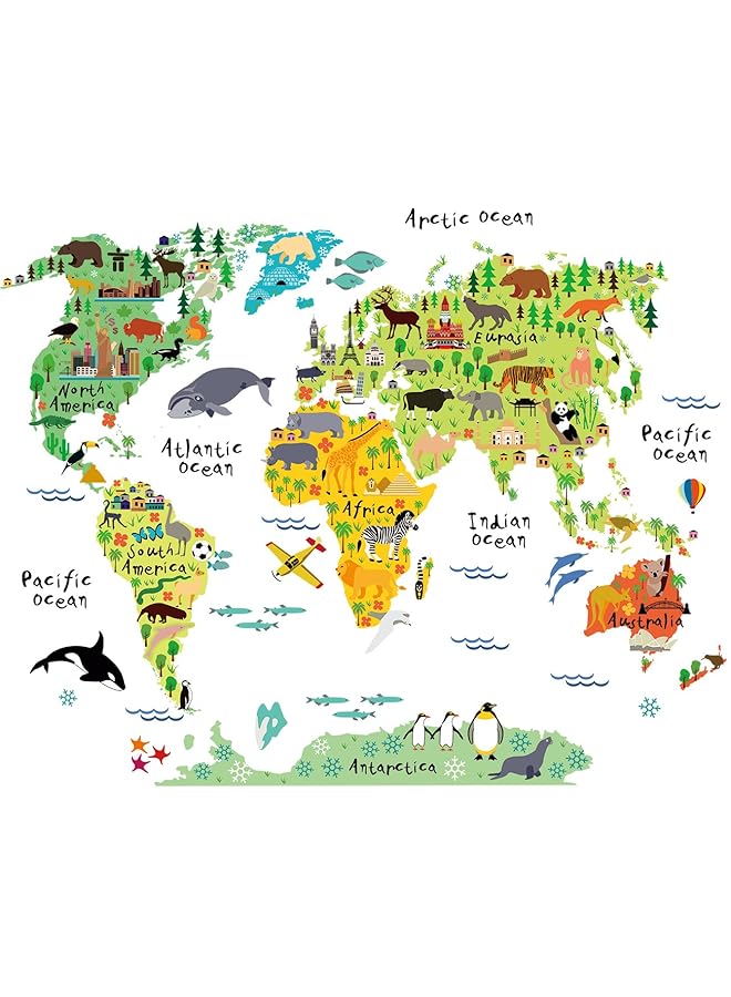 HALAMODO Large Kids Educational Animal Landmarks World Map Peel And Stick Wall Decals Stickers Home Decor Art For Nursery - Image 1